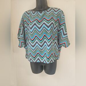 Alya -Women's Size S ,Blue and Orange Chevron Blouse with Relaxed Fit